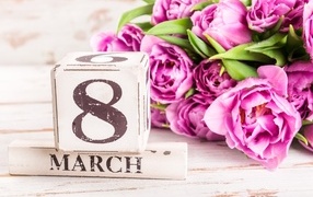 Bouquet of pink tulips and decor for International Women's Day March 8