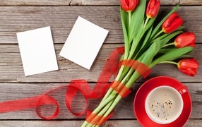 Bouquet of red tulips and a cup of coffee postcard template for March 8