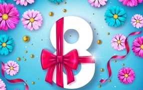 Number 8 with bow and flowers on a blue background