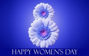 Цифра 8 из цветов герберы на синем фоне на Международный женский день