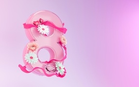 Розовая 3д восьмерка с цветами и лентами
