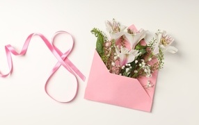 Pink envelope with alstroemeria flowers for March 8