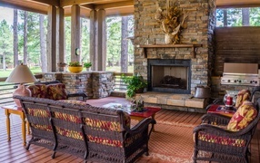 Spacious veranda with fireplace