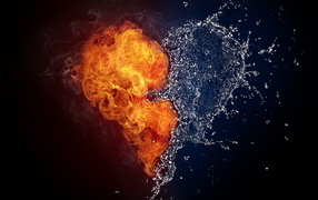 Огненное и водяное сердце на черном фоне