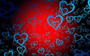 Many blue hearts on a red background