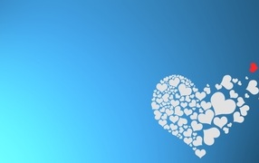 Small white hearts scatter on a blue background