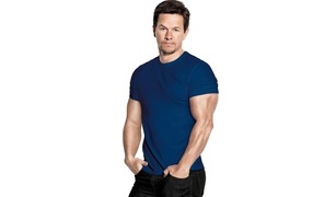 Actor Mark Wahlberg in a blue t-shirt on a white background