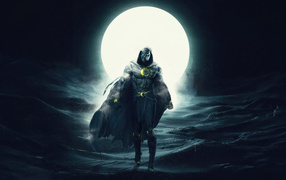 Superhero Moon Knight against the backdrop of a big moon