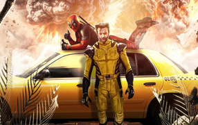Superheroes Deadpool and Wolverine with a taxi car