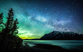 Необычное звездное небо с зеленым полярным сиянием