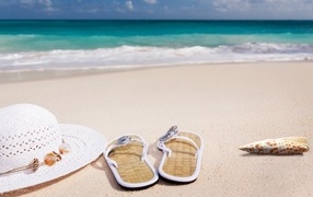Flip-flops, hat and shells on the sand by the sea