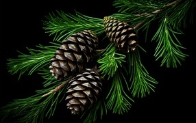 Large cones on a green spruce branch on a black background