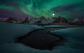 Aurora borealis over the lake in winter