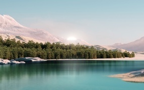 Лес у озера с голубой водой в горах