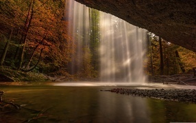 A waterfall flows down a cliff in the autumn forest