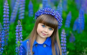 Красивая маленькая девочка в цветах люпина