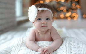 Красивая маленькая девочка с белым цветком на голове