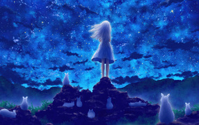 Little girl looking at the sky, anime