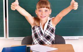 Little girl schoolgirl in the classroom at the desk