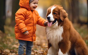 Маленькая девочка со щенком в парке осенью