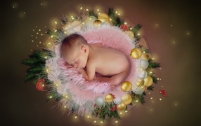 Little newborn baby with a garland