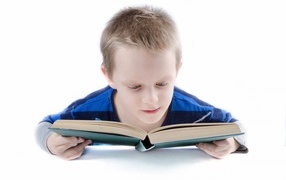 Schoolboy reading a book on a white background