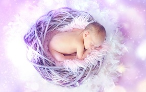 Спящий новорожденный малыш в гнезде 