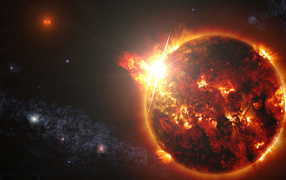 Вспышки на яркой огненной планете в космосе