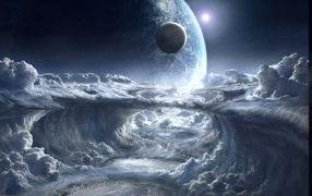 Planet above white clouds in space