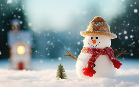 Cute snowman stands on the cold snow