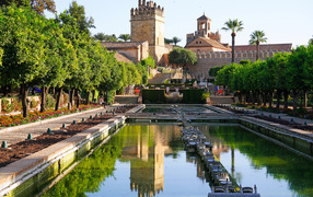 Замок отражается в воде в городе Кордоба, Испания
