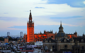 View of the tower of the ancient cathedral in the city of Seville, Spain