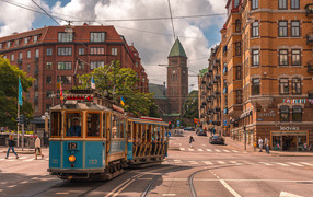 Old tram on the street in Sweden