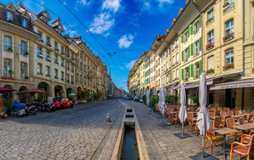View of houses on the street in the city of Bern, Switzerland