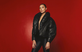 Actress Gal Gadot in a black jacket on a red background