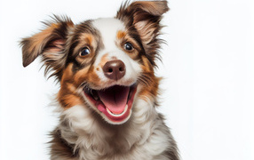 Cheerful puppy with open mouth on white background