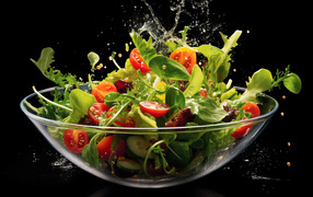 Fresh salad in a glass plate on a black background