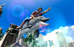 Flying on a dolphin in the computer game Like a Dragon. Infinite Wealth, 2024