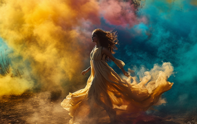 Girl in a beautiful dress in colorful smoke