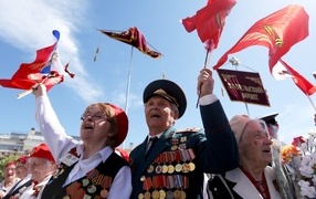Veterans with flags on Victory Day on May 9