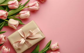 Подарок с тюльпанами для любимой на розовом фоне