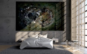 Abstract painting on the wall in the bedroom with a large window