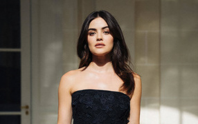 American film actress Lucy Hale in a black dress