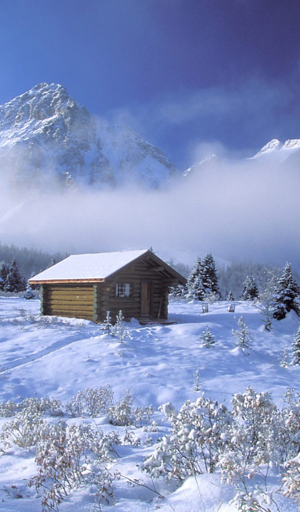 Winter cabin in the mountains
