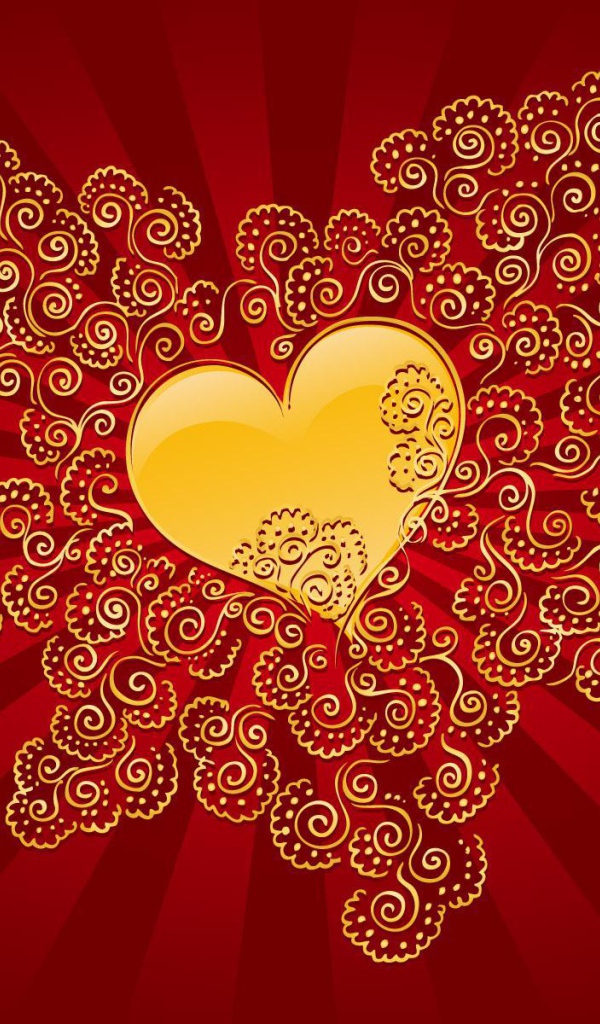 Золотое сердце в орнаменте на День Святого Валентина 14 февраля