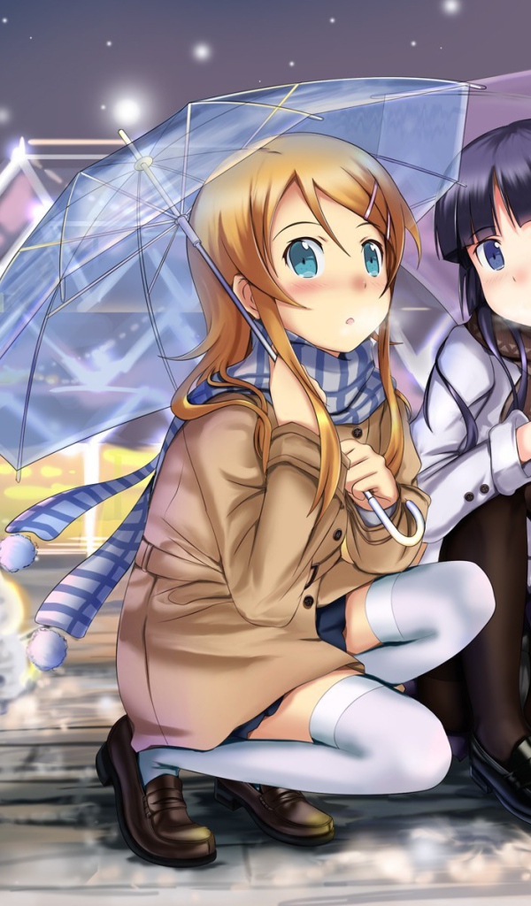 Девочки аниме под прозрачными зонтиками