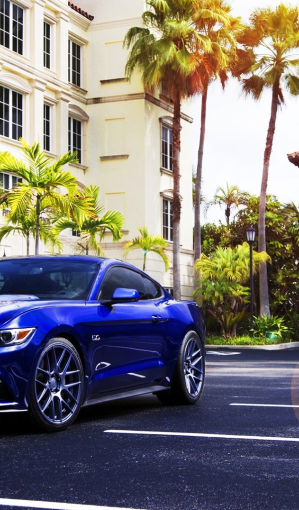 Синий Ford Mustang у дома с пальмами
