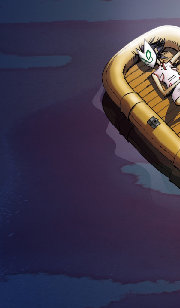 Человек в маске спит в надувной лодке, мультфильм