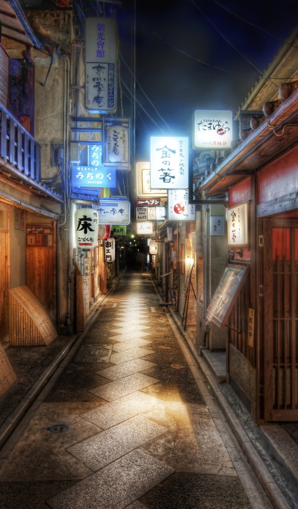 Торговая улица в японском городе ночью