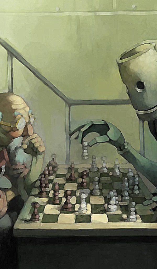 Робот играет в шахматы с пожилым мужчиной